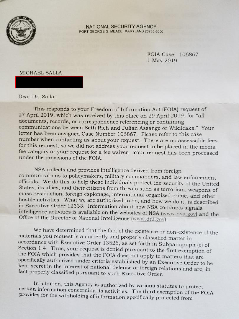 NSA FOIA Response Reveals Seth Rich & Assange/Wikileaks Communications